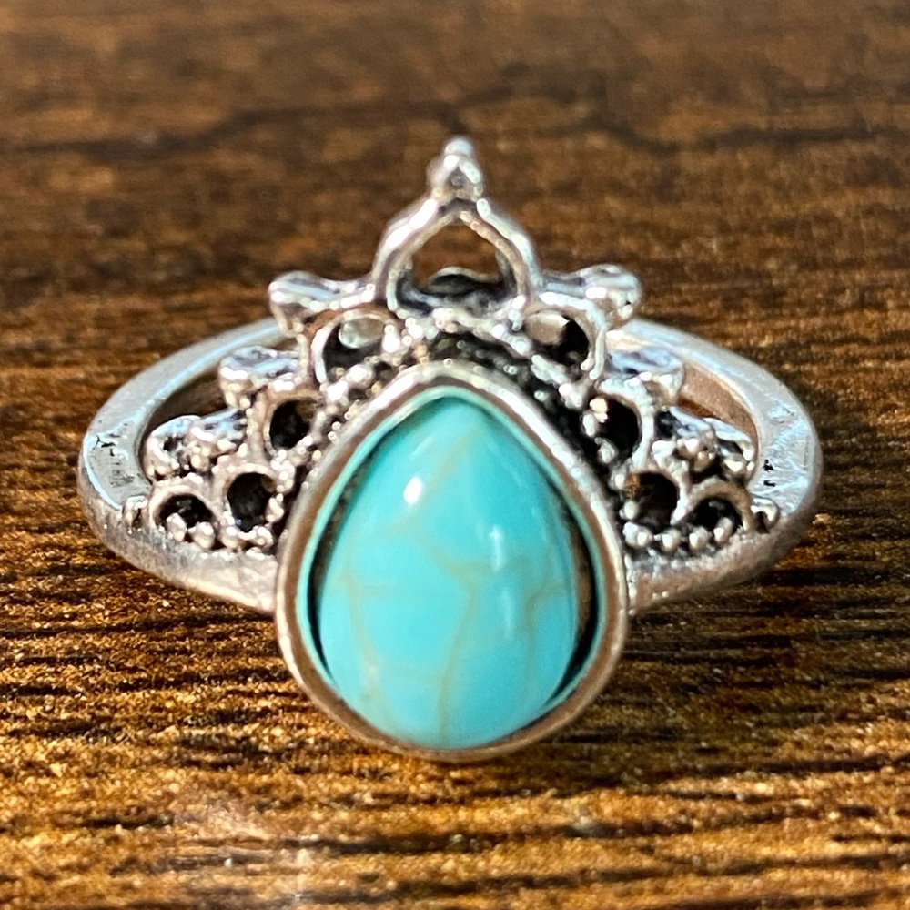Boho Vintage Style Tear Drop Turquoise & Stainless Steel Women’s Ring Size 8